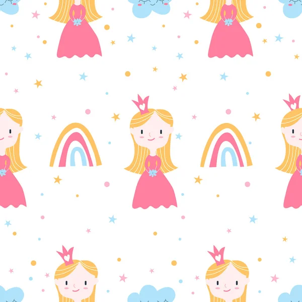 Vector Seamless Pattern Little Princess Rainbow Cloud White Background Perfect — Stock Vector