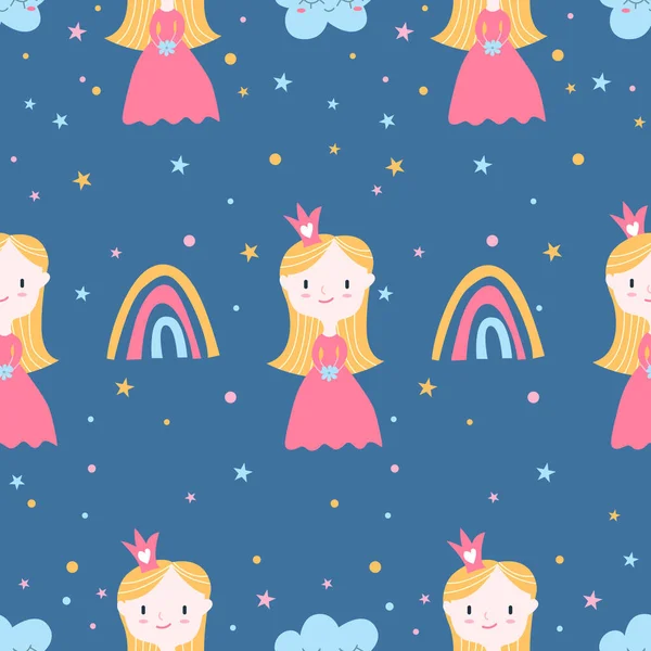 Vector Seamless Pattern Little Princess Rainbow Cloud Blue Background Perfect — Stock Vector