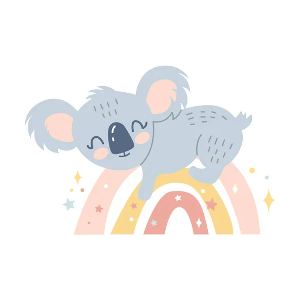 Vector Illustratie Van Een Kleine Ute Koala Slapen Een Regenboog — Stockvector