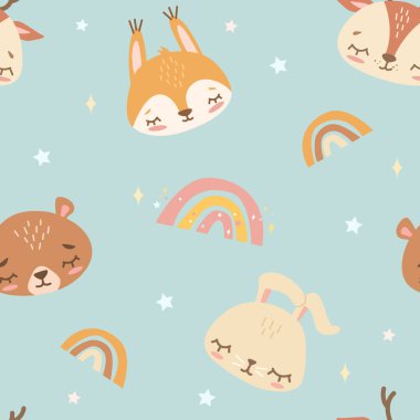 Pastel renklerde sevimli hayvanların yüzleri olan kusursuz bir şekil. Sincap, oyuncak ayı, geyik ve tavşan. Açık mavi arkaplan.