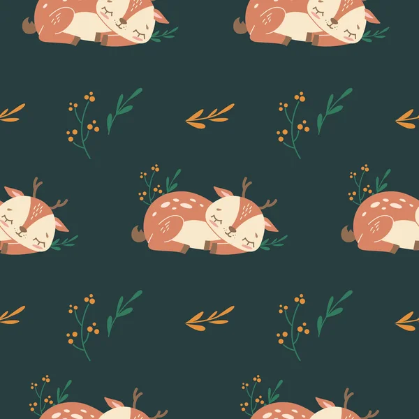 Vector Seamless Childish Pattern Cute Sleeping Baby Deer Dark Background — Stock Vector