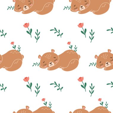 Beyaz arka planda izole edilmiş uyuyan şirin bir bebek ayı ile kusursuz bir desen. Bebek kıyafetleri, kartpostal, pijama ve parmak izi için mükemmel..