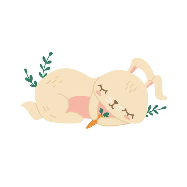 一只可爱的小兔子抱着胡萝卜睡觉 矢量图解 完美的海报 明信片 印刷品 — 图库矢量图片