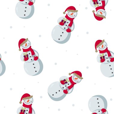 Beyaz arka planda kardan adam ve kar taneleri olan kusursuz bir model. Duvar kağıtları, ambalaj kağıdı, kumaş, web sitesi arka planı, Noel kartları için harika..