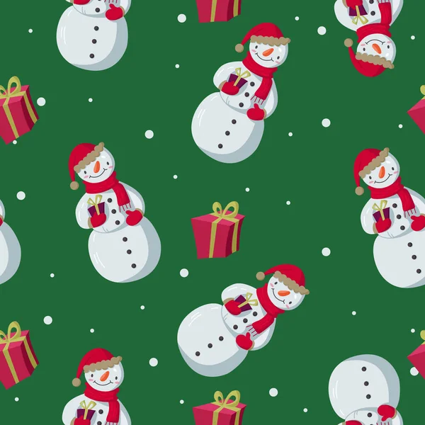 Vector Seamless Pattern Snowmen Snowflakes Green Background Great Wallpapers Wrapping — Stock Vector