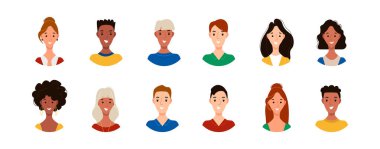 Bir grup farklı mutlu insan avatarları. Erkek ve kadın portreleri koleksiyonu.