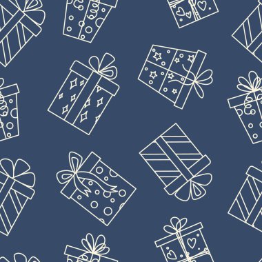 Mavi arkaplandaki hediye kutusu kusursuz desen. Satır sanatı.
