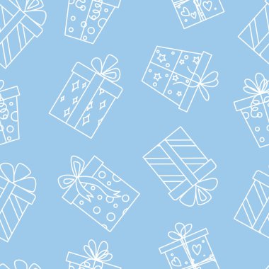 Açık mavi bir arka planda hediye kutusu kusursuz desen. Satır sanatı.