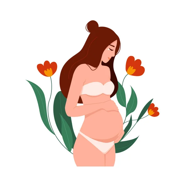 Pregnant Woman Lingerie Swimsuit Hugs Her Belly Her Hands Mother — Stock Vector