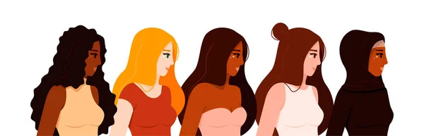 Conjunto Mujeres Diferentes Nacionalidades Culturas Ilustración Vectorial Hermandad Estilo Plano — Archivo Imágenes Vectoriales