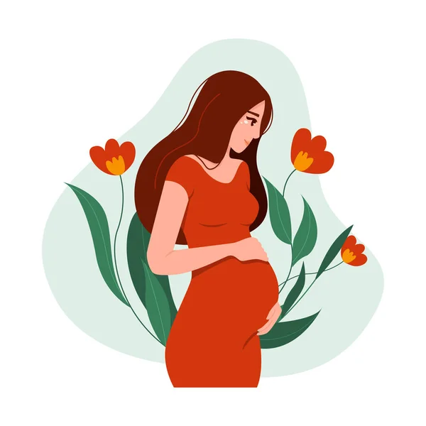 Gelukkig Zwangere Vrouw Knuffelt Buik Geïsoleerd Witte Achtergrond Vector Illustratie — Stockvector