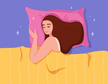 Bir kadın yastığa uzanmış ve battaniyeyle örtülmüş bir şekilde yatakta uyuyor. Vektör el çizimi düz resimleme. 