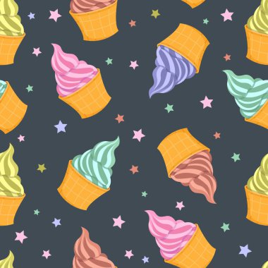 Gri arka planda güzel ve lezzetli dondurma deseni. Vektör el çizimi düz resimleme.