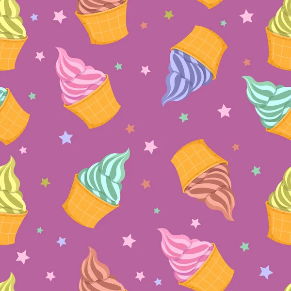 紫の背景に美しくおいしいアイスクリームのパターン ベクトル手描き平図 — ストックベクタ
