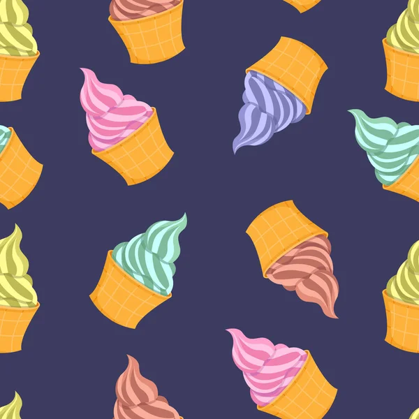 푸른색 배경에 아름답고 맛있는 아이스크림 무늬가 평평하게 — 스톡 벡터