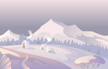 Kış dağı manzarası. Kartpostal, afiş, broşür, web tasarımı geliştirme için vektör tasarımı çizimi.