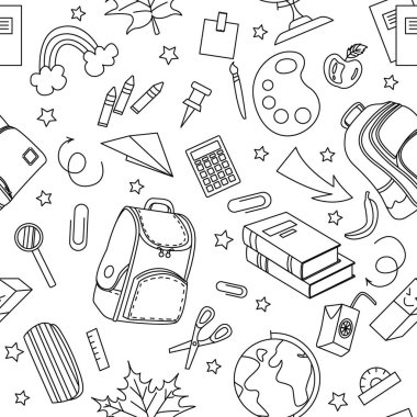 Kırtasiyeli kusursuz desen. Okula geri dön. Siyah ve beyaz.