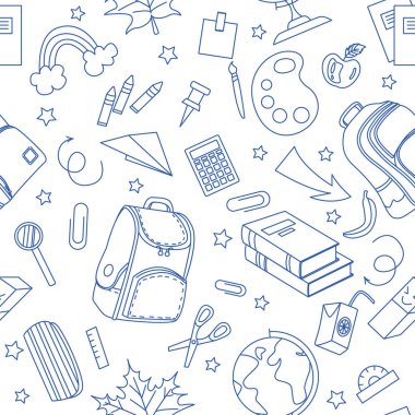 Okula Dönüş Modeli. Beyaz bir arkaplanda okul eğitimi için mavi nesneler.