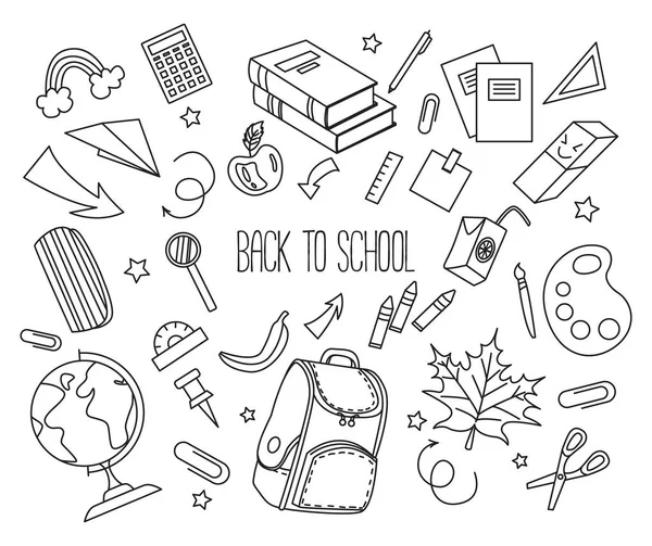 Volta Para Shcool Vetor Doodle Desenhado Mão Elementos Educação Mochila —  Vetores de Stock