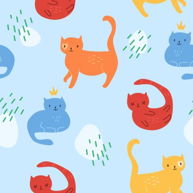 Mavi arka planda kedileri olan kusursuz bir model. Hayvan çizgi filmi çizimi. Kumaş, tekstil, giysi, kağıt, duvar kağıdı dokusu.