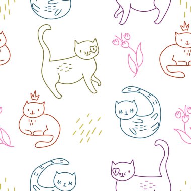 Beyaz arkaplandaki çok renkli kedi deseni taslağı.