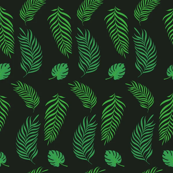 Seamless Pattern Tropical Leaves Palm Monstera Black Background — Stock Vector