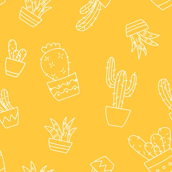 黄色の背景に異なるサボテンや多肉植物とベクトルシームレスパターン 概要イラスト — ストックベクタ