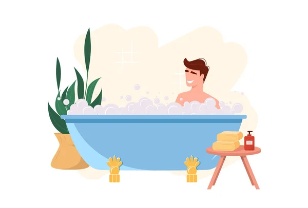 Jovem Está Sentado Banho Desfrutando Resto Casa Planta Toalhas Espuma — Vetor de Stock