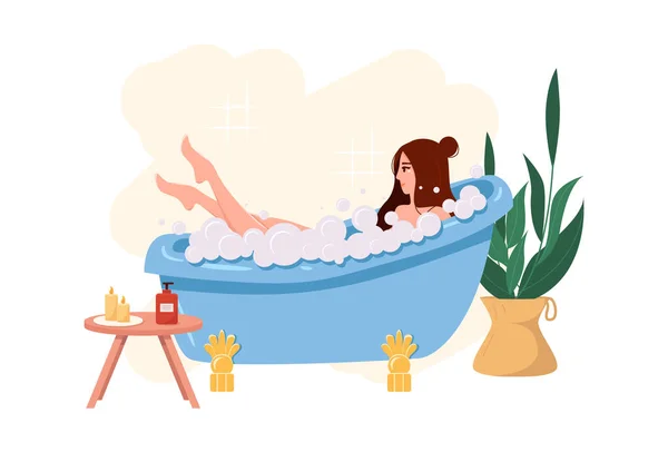 Genç Bir Kadın Sıcak Bir Banyoda Köpüklerle Rahatlıyor Düz Biçimli — Stok Vektör
