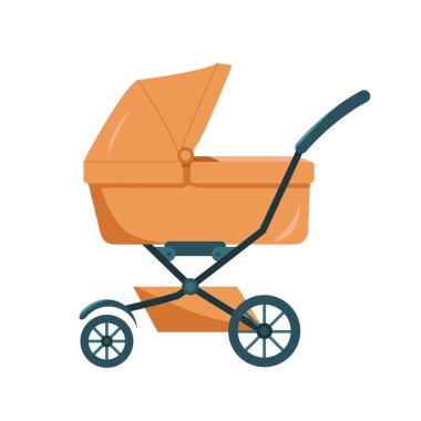 Beyaz arka planda izole edilmiş bej bebek arabası. Düz biçimli vektör illüstrasyonu.