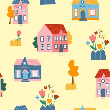 Şirin evleri, ağaçları, çiçekleri ve çitleri olan kusursuz bir şablon. Tekstil, kumaş, duvar kağıdı için modern doku.