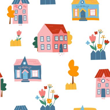 Beyaz arka planda sevimli renkli parlak evleri, çiçekleri ve ağaçları olan kusursuz bir desen. Tekstil, kumaş, duvar kağıdı için modern doku.