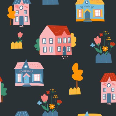 Pürüzsüz desenli şirin renkli parlak evler, çiçekler ve koyu mavi arka planda ağaçlar. Tekstil, kumaş, duvar kağıdı için modern doku.