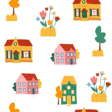 Beyaz arka planda sevimli renkli parlak evleri, çiçekleri ve ağaçları olan kusursuz bir desen. Tekstil, kumaş, duvar kağıdı için modern doku.