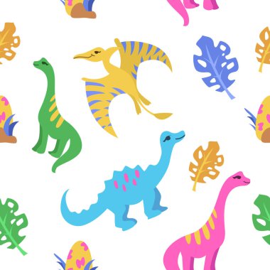 Beyaz arka planda dinazor ve tropikal yaprakları olan çocuksu, pürüzsüz bir şekil. Şirin dino tasarımı. Bebek kıyafetleri, kumaş, ambalaj kağıdı, duvar kağıdı, tekstil tasarımı için mükemmel..