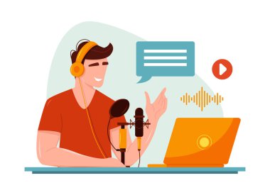 Podcast konsepti. Yakışıklı bir adam dizüstü bilgisayarında bir podcast kaydediyor. Düz biçimli vektör illüstrasyonu.