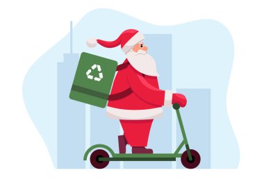 Eco Friendly Sustainable Christmas. Santa Riding a Scooter. Flat Vector illustration.