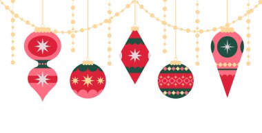 Beyaz üzerine asılmış süslemeler. Noel şablonu. Yeni yıl afişi, kart. Düz stil ile vektör tatil sezonu illüstrasyonu.