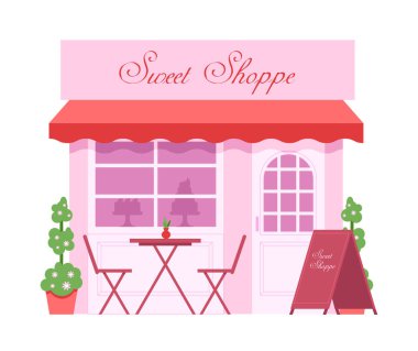 Şekerleme Dükkanı Cephesi. Sweet Shop ve Cafe Exterior White 'da izole edilmiş. Düz Vektör İllüstrasyonu.