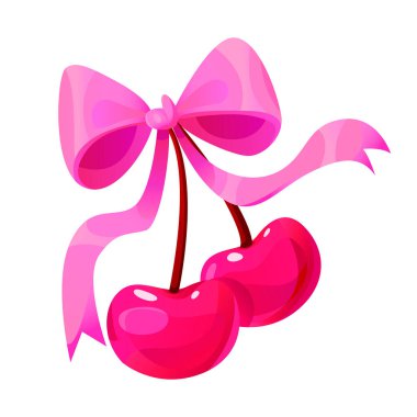 Kırmızı kiraz ve beyaz arka planda izole edilmiş Coquette Bow. Sevgililer Günü Klip Sanatı. Aşk ve Aşk Konsepti. Vektör Çizgi Filmi İllüstrasyonu.