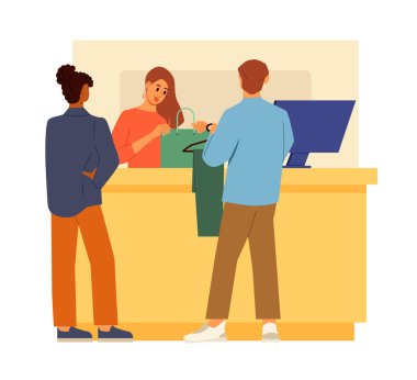Moda mağazasındaki resepsiyonda çalışan ustomerlar. Kasiyer kasiyer paketleme çantasında. Kıyafet alıp parasını ödüyorum. Düz vektör illüstrasyonu.