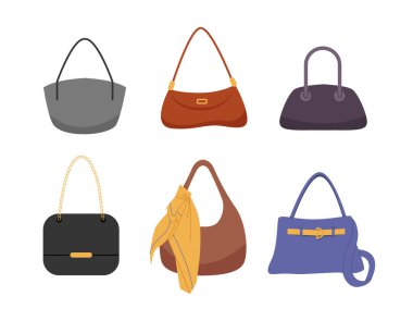 Farklı tarz kadın çantaları. Modern aksesuarlar. Düz vektör illüstrasyonu.