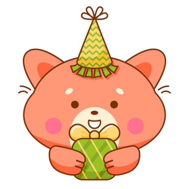 Doğum günü hediyeli ve parti şapkalı Red Panda. Şirin Kawaii Karakteri. Vektör İllüstrasyonu.