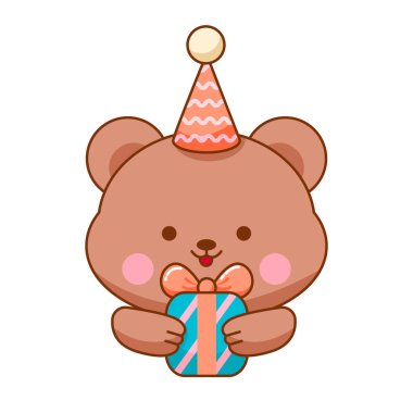 Parti Şapkası İçinde Doğum Günü Ayısı ve Hediye Kutusu. Şirin Kawaii Karakteri. Vektör İllüstrasyonu.