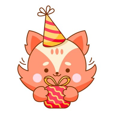 Parti Şapkalı Tilki ve Doğum Günü Hediyesi. Şirin Kawaii Karakteri. Vektör İllüstrasyonu.