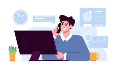 İşadamı Bilgisayar Masasında Oturuyor. Uzaktan İşçi Çağrısında Konuşuyor. Düz Vektör İllüstrasyonu Beyaz Arkaplanda İzole Edildi. Yazdır