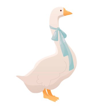 Şirin Mavi Fiyonk Giyen Evcil Kaz. Taşralı. Cottagecore ruh hali. Düz Vektör İllüstrasyonu.