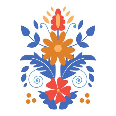 Halk Çiçeği Simetrik Süslemesi. Geleneksel İskandinav Sanatı. Vektör İllüstrasyonu. Yazdır