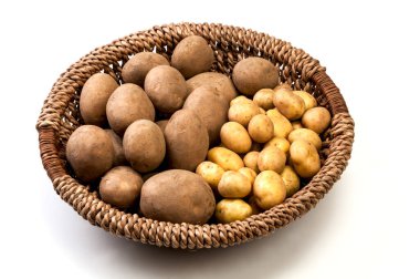 Sepette çeşitli patates yığınları. Beyaz arkaplan.