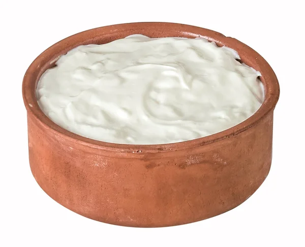 Krem Jogurtowy Tradycyjnej Ceramicznej Misce Ścieżka Wycinania — Zdjęcie stockowe